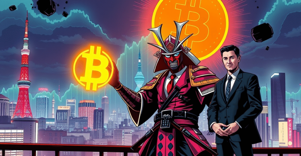 复古漫画风格的Metaplanet武士手持发光比特币标志，背景是东京天际线和上升趋势图