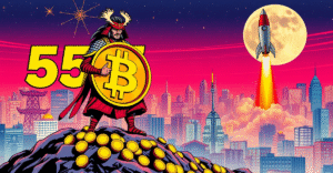 日本武士站在比特币符号和金币山上，背景显示5555，象征Metaplanet的比特币投资