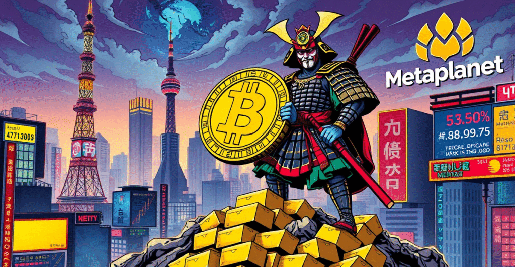 一名武士站在金条山上，手持巨大的比特币硬币，背景是未来主义的东京天际线，象征着Metaplanet的比特币投资策略。