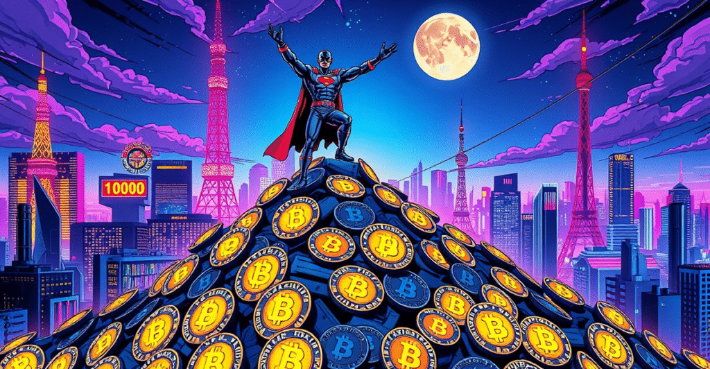 Metaplanet公司站在1000枚比特币堆成的山上，背景是未来东京天际线，象征其大胆的加密货币投资策略。