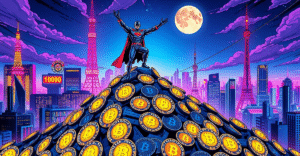 Metaplanet公司站在1000枚比特币堆成的山上，背景是未来东京天际线，象征其大胆的加密货币投资策略。