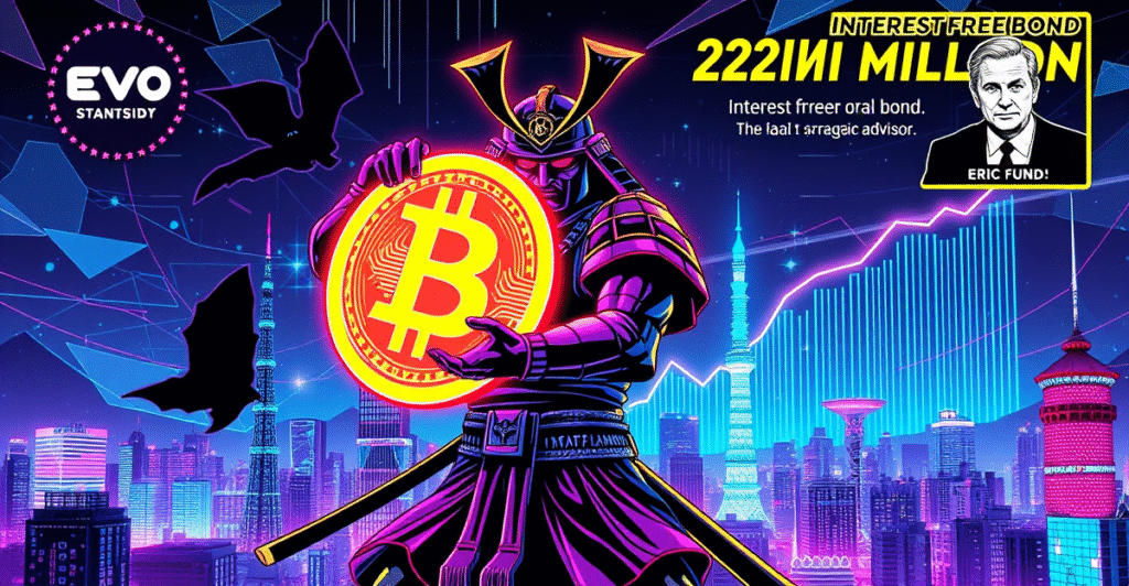 复古漫画风格的Metaplanet武士手持比特币盾牌，背景是东京天际线和上升的市场趋势图