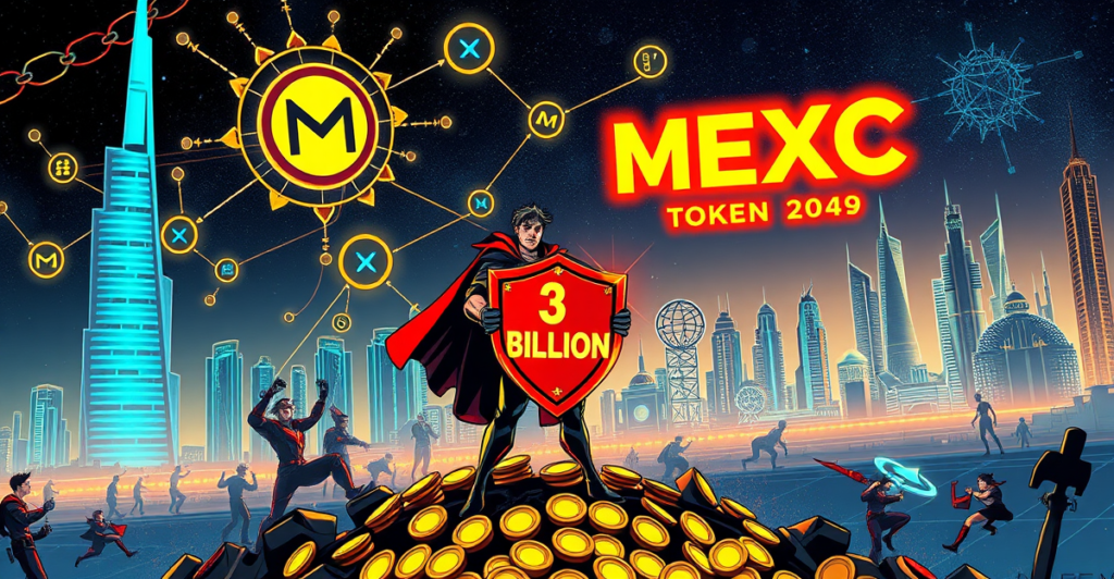 MEXC生态系统发展基金宣布3亿美元支持Web3项目,复古漫画风格封面展示未来城市与区块链符号