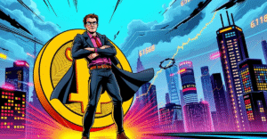 Michael Saylor以英雄姿态手持比特币符号和投资策略公文包，背景是数字经济的未来城市景观