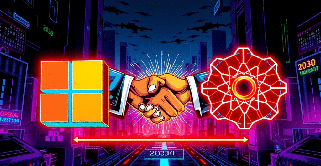 微软与OpenAI投资协议谈判的复古漫画风格封面，象征双方未来的合作与股权交换