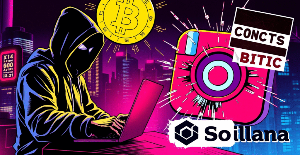 复古漫画风格插图展示一名黑客攻击Migos的Instagram账号，背景是比特币勒索信息和Solana标志