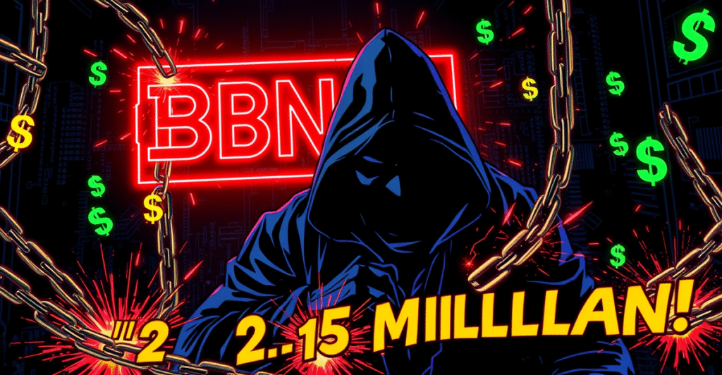 复古漫画风格插图展示黑客攻击Mobius Token智能合约，背景为BNB链标志和爆炸的加密货币符号