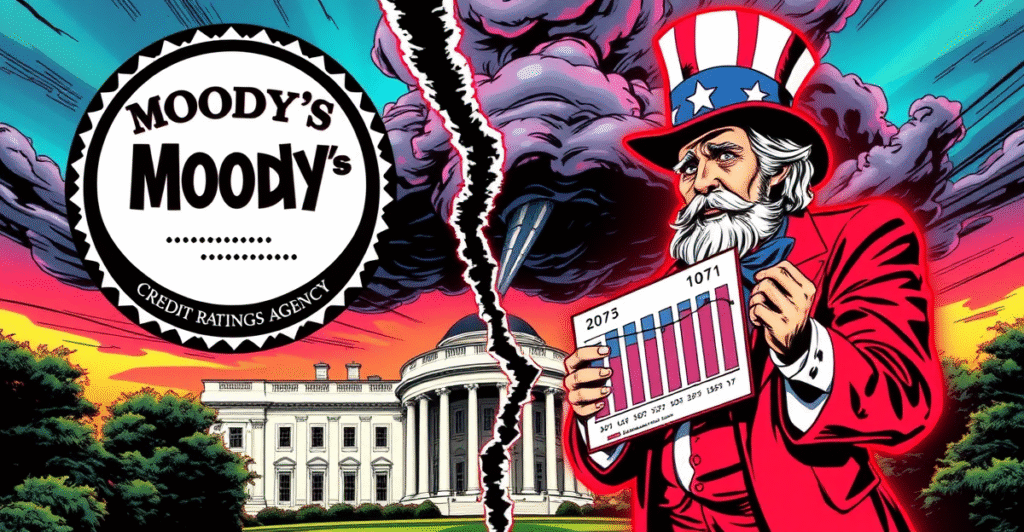 穆迪信用评级机构标志裂开,象征美国信用评级下调,背景是国债图表和白宫