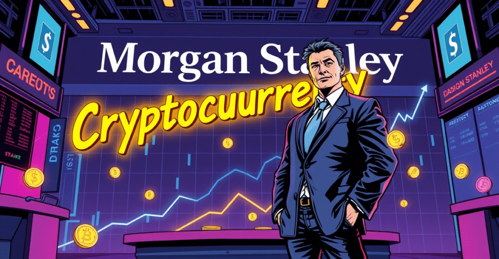 摩根士丹利在其E*Trade平台上推出加密货币交易的复古漫画风格插图