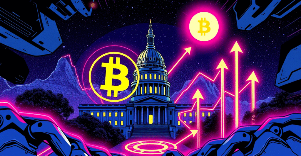 新罕布什尔州加密货币法案的复古漫画风格封面，展示比特币符号与州议会大厦，象征数字资产投资的未来