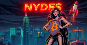 复古漫画风格封面展示纽约市天际线与NYDFS标志，象征加密货币监管的超常角色