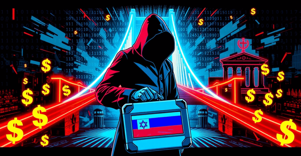 一名阴影中的人物站在发光的数字桥前,象征Nomad桥黑客事件,背景是二进制代码和法庭场景