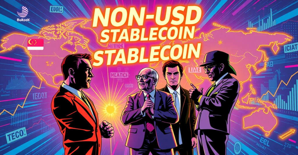 全球地图上突出显示新加坡、欧盟国家和阿联酋，象征着非美元稳定币的主权竞争