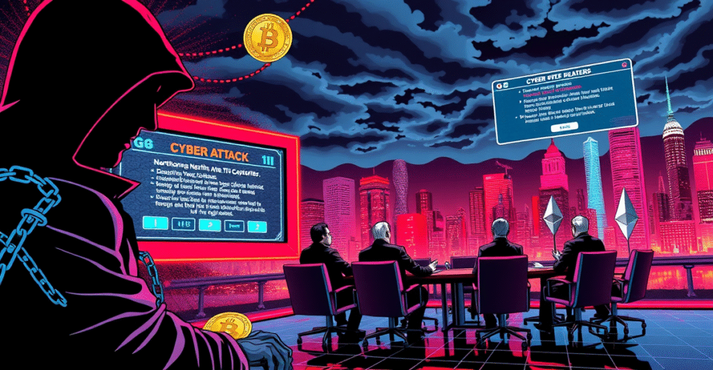 复古漫画风格插图展示朝鲜黑客与加密货币盗窃，背景为G7领导人会议