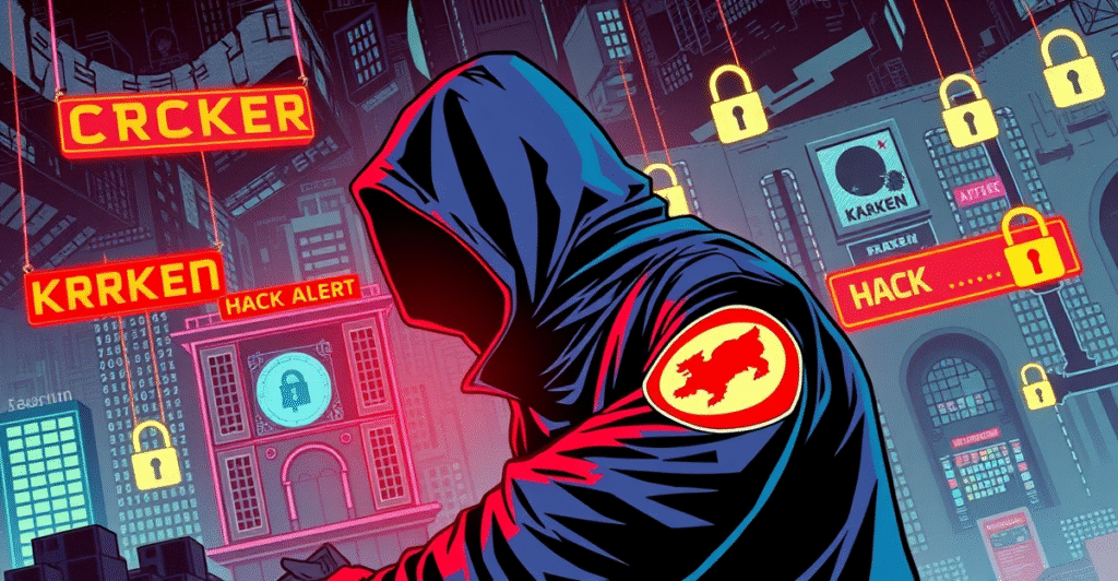 朝鲜黑客试图渗透Kraken加密货币交易所的复古漫画风格插图