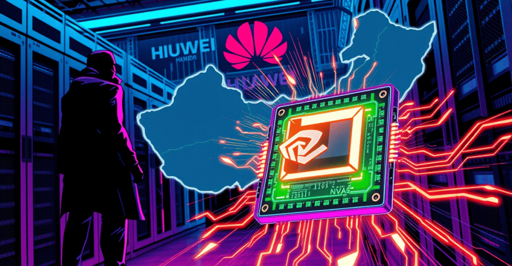 Nvidia针对中国市场推出的低成本AI芯片，背景是中国地图和电路板图案，象征技术创新和市场战略。