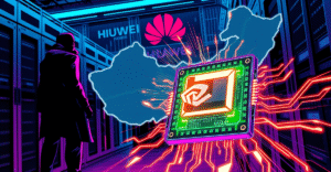 Nvidia针对中国市场推出的低成本AI芯片，背景是中国地图和电路板图案，象征技术创新和市场战略。