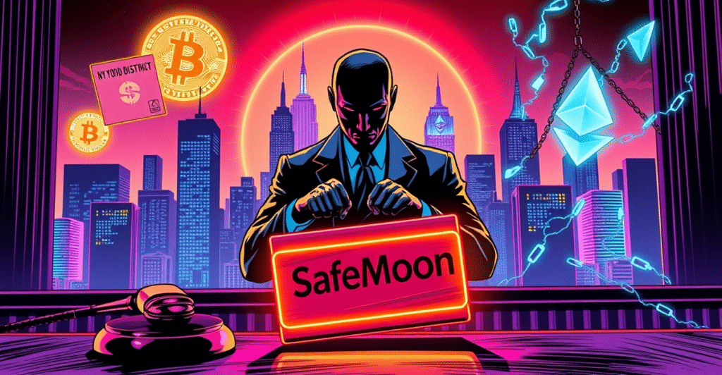纽约东区代理检察官在复古漫画风格的法庭场景中，背景是加密货币符号和SafeMoon标志