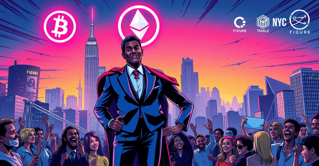 纽约市长Eric Adams站在霓虹灯下的纽约市天际线前，背景是比特币和以太坊符号，象征纽约市加密货币计划