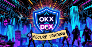 OKX DEX聚合器以复古漫画风格展现，象征着新的安全升级保护加密货币交易免受黑客攻击。