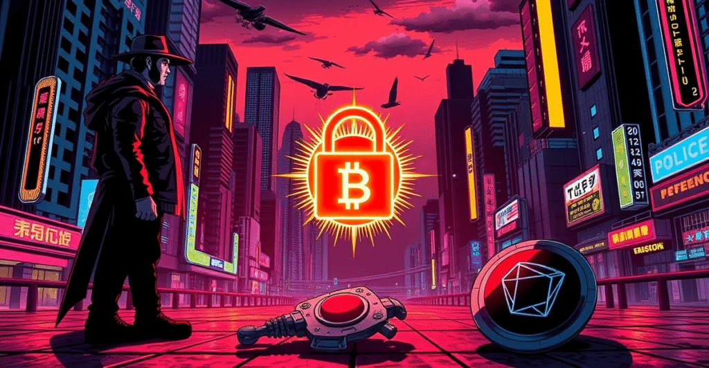 复古漫画风格插图展示OKX与Tron黑客事件，Star Xu与孙宇晨对峙，背景为破碎的数字锁和警察徽章