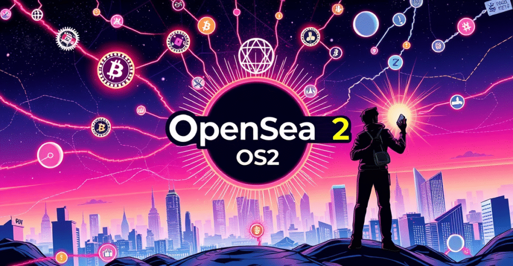 OpenSea OS2平台标志位于中心，周围环绕着14条不同区块链的抽象表现，背景是未来城市景观，象征数字资产交易平台的扩展。