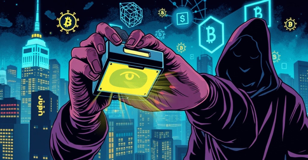 复古漫画风格封面展示Orb Mini便携式虹膜扫描设备在霓虹城市夜景中扫描眼睛,背景有区块链网络象征。