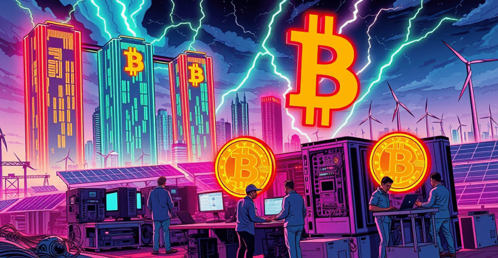 巴基斯坦比特币挖矿和AI中心的复古漫画风格封面，展示未来城市景观和绿色能源供电的挖矿设备