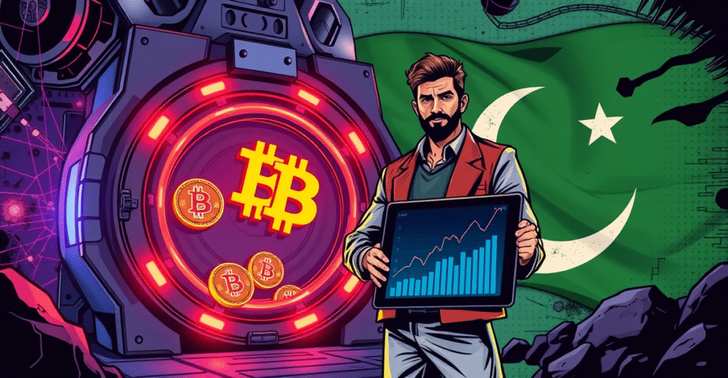 巴基斯坦比特币战略储备的象征性表现，背景是巴基斯坦国旗和区块链网络