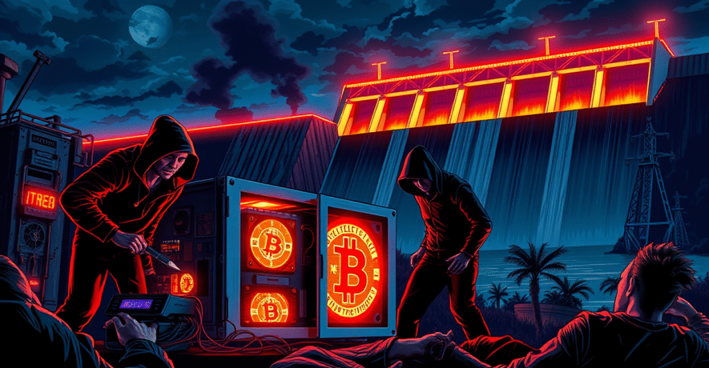 复古漫画风格插图展示在巴拉圭伊泰普水电站附近，一群阴影人物试图盗窃发光的加密货币挖矿设备