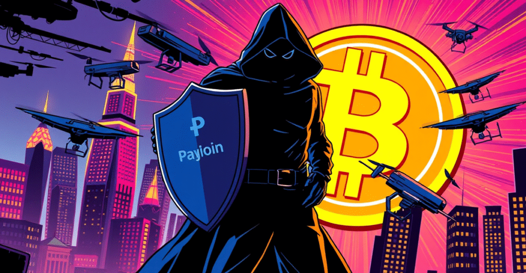 一名神秘人物站在发光的比特币标志前，手持标有'Payjoin'的盾牌，背景是霓虹灯下的未来城市景观，象征比特币隐私和可扩展性的增强。
