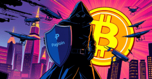 一名神秘人物站在发光的比特币标志前，手持标有'Payjoin'的盾牌，背景是霓虹灯下的未来城市景观，象征比特币隐私和可扩展性的增强。