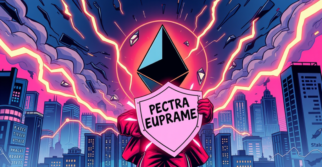 复古漫画风格封面展示以太坊Pectra升级，中心是以太坊标志，周围是区块链技术和上升趋势图的抽象表现。