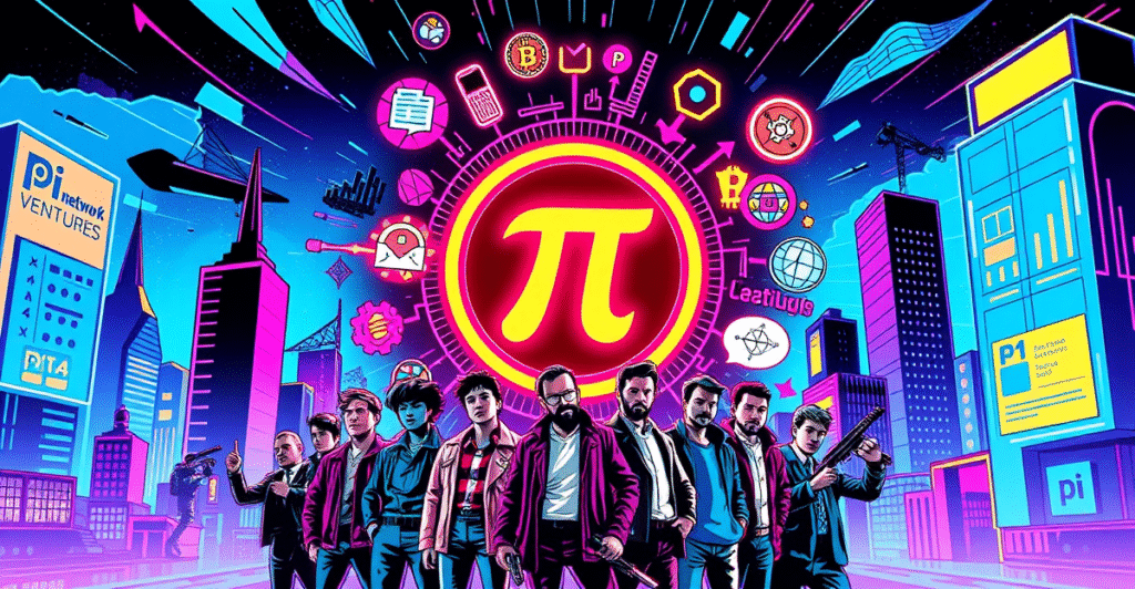 复古漫画风格封面展示Pi Network Ventures的启动，中心是发光的Pi符号，周围环绕着代表不同技术的抽象图标，前景是企业家和投资者的英雄姿态。