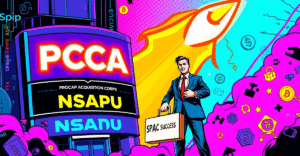 复古漫画风格封面展示ProCap Acquisition Corp IPO成功上市，背景为纳斯达克股市屏幕显示7%上涨