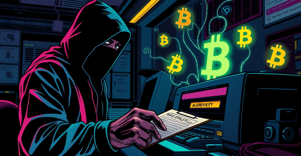 复古漫画风格插图展示Procolored打印机驱动程序中的比特币窃取恶意软件