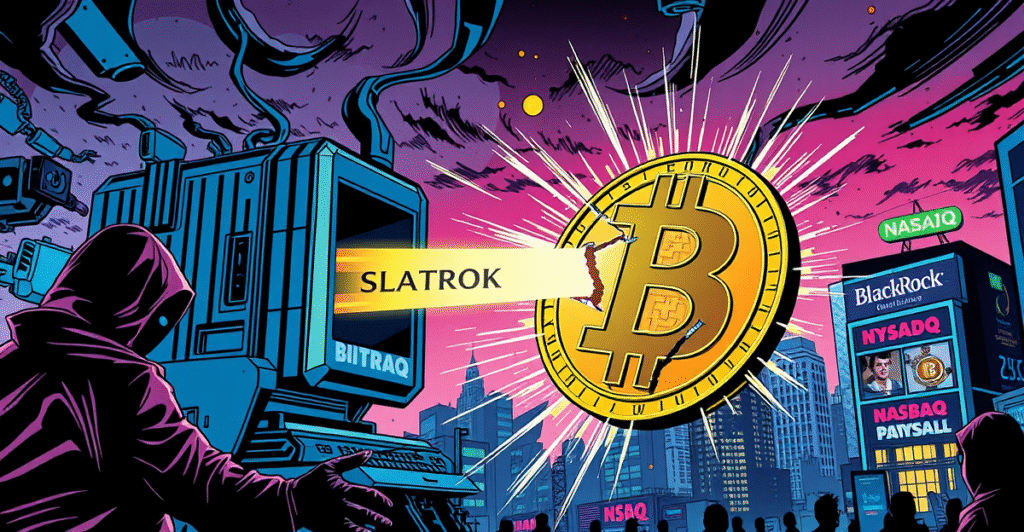 量子计算机发射光束冲击比特币符号，象征量子计算对比特币安全的影响