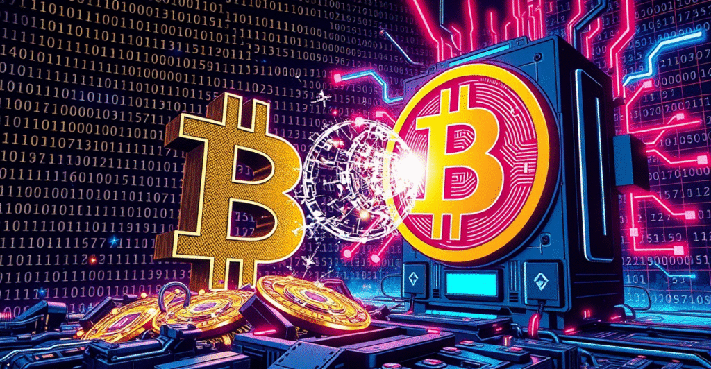 复古漫画风格封面展示比特币符号与量子计算机的对决，象征量子计算对比特币安全的威胁