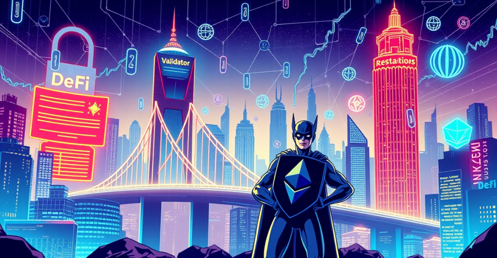 复古漫画风格插图展示了一位验证者站在连接DeFi和机构的数字桥梁前,象征着重质押作为DeFi安全未来和机构入场桥梁的概念。