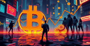 散户投资者站在巨大的比特币符号前，背景是下降的需求趋势图