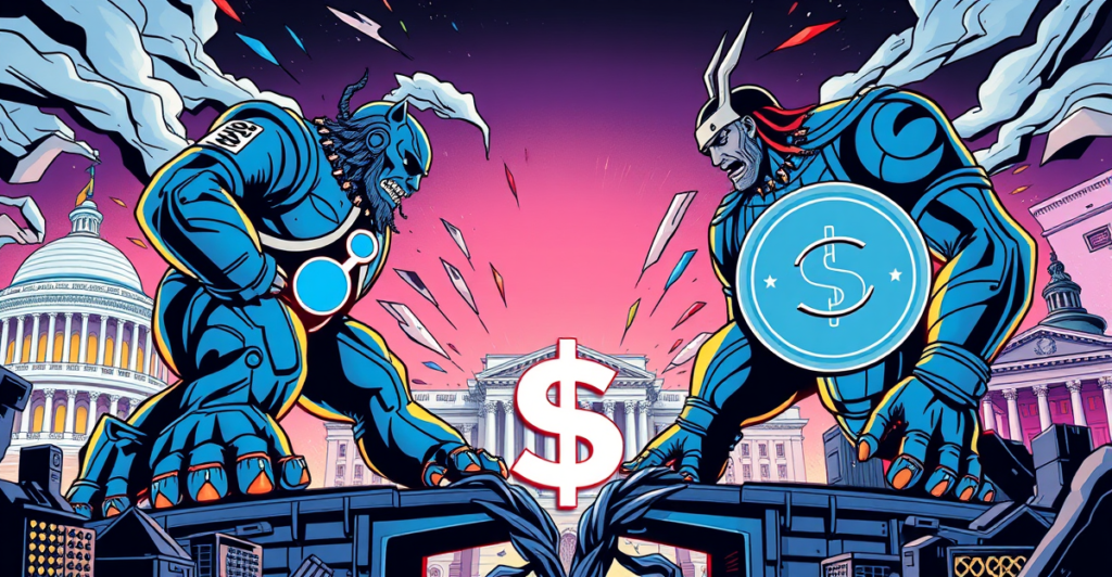 复古漫画风格插图展示Ripple与Circle之间的象征性收购战，背景包含白宫和美联储大楼