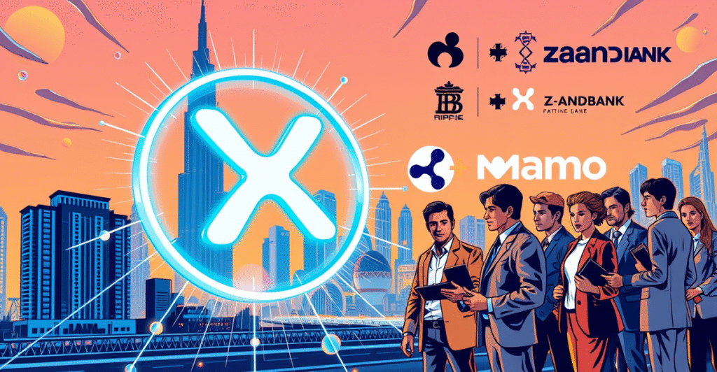 复古漫画风格封面展示迪拜未来城市景观与Ripple (XRP)标志，象征UAE区块链支付服务的推出
