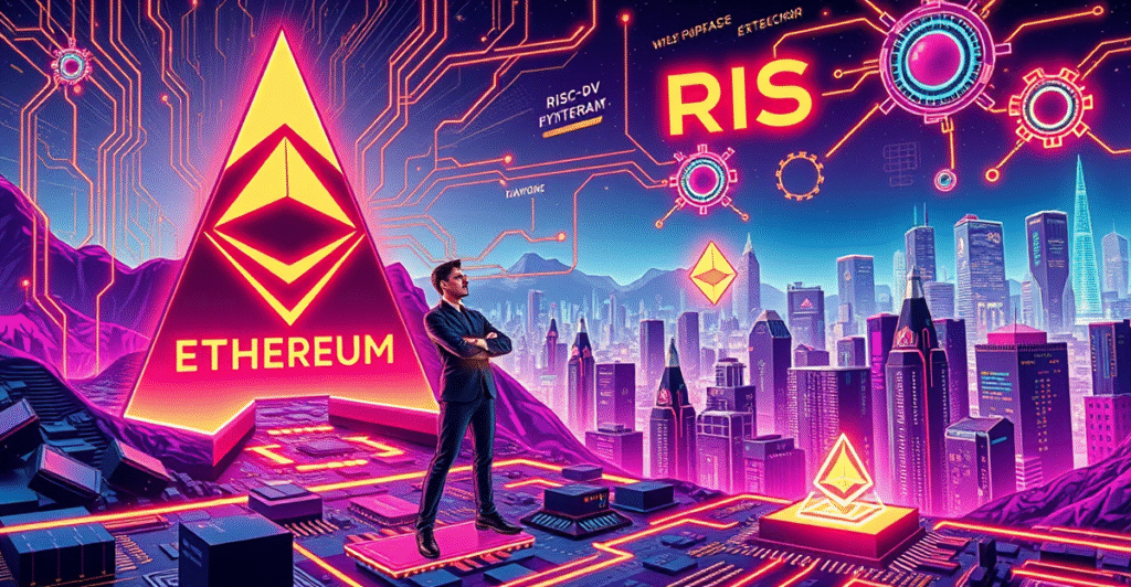 象征RISC-V与以太坊融合的未来科技场景，Vitalik Buterin手持RISC-V芯片站在数字城市前