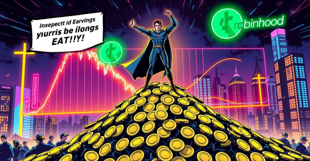 复古漫画风格封面展示Robinhood在加密货币市场的韧性,背景是超出预期的收入图表