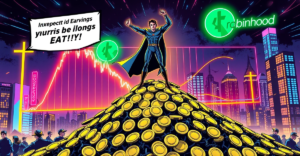 复古漫画风格封面展示Robinhood在加密货币市场的韧性，背景是超出预期的收入图表