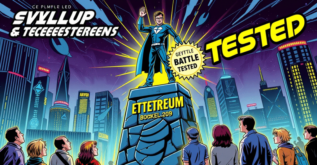 Vitalik Buterin象征性地站在标有'Rollup去中心化'的区块链结构上，背景是以太坊网络的未来城市景观。