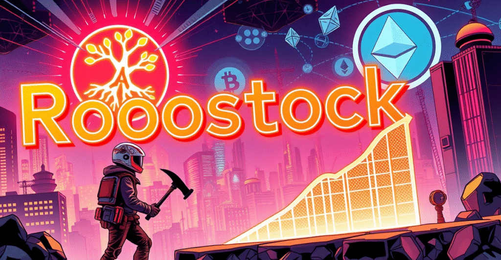 复古漫画风格封面展示Rootstock DeFi平台在2025年的网络安全与挖矿参与度飙升