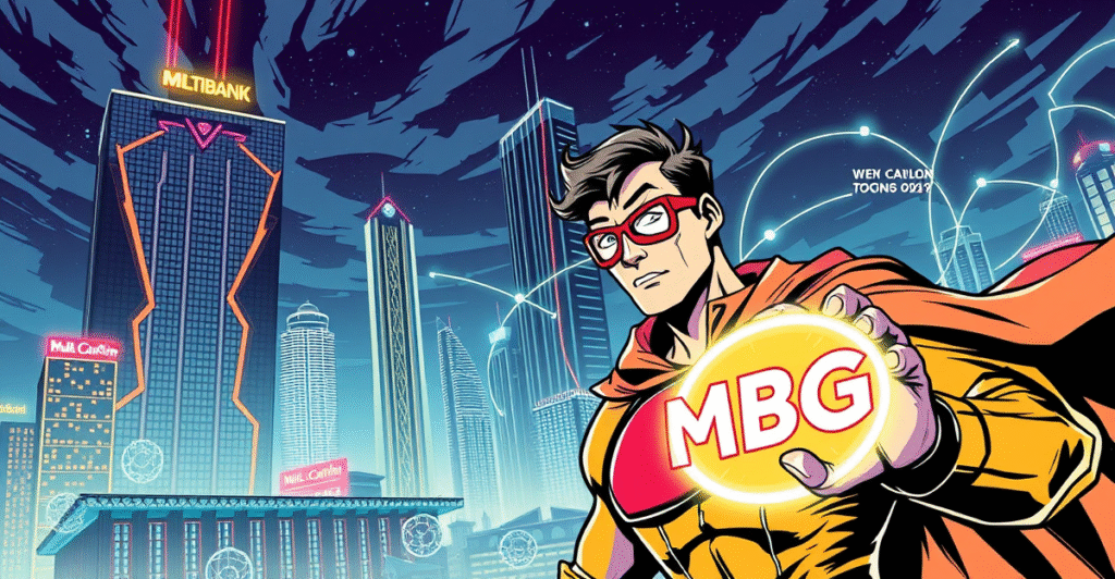 复古漫画风格插画展示MultiBank Group与MAG合作的30亿美元RWA代币化协议,背景为迪拜豪华房地产和区块链网络。