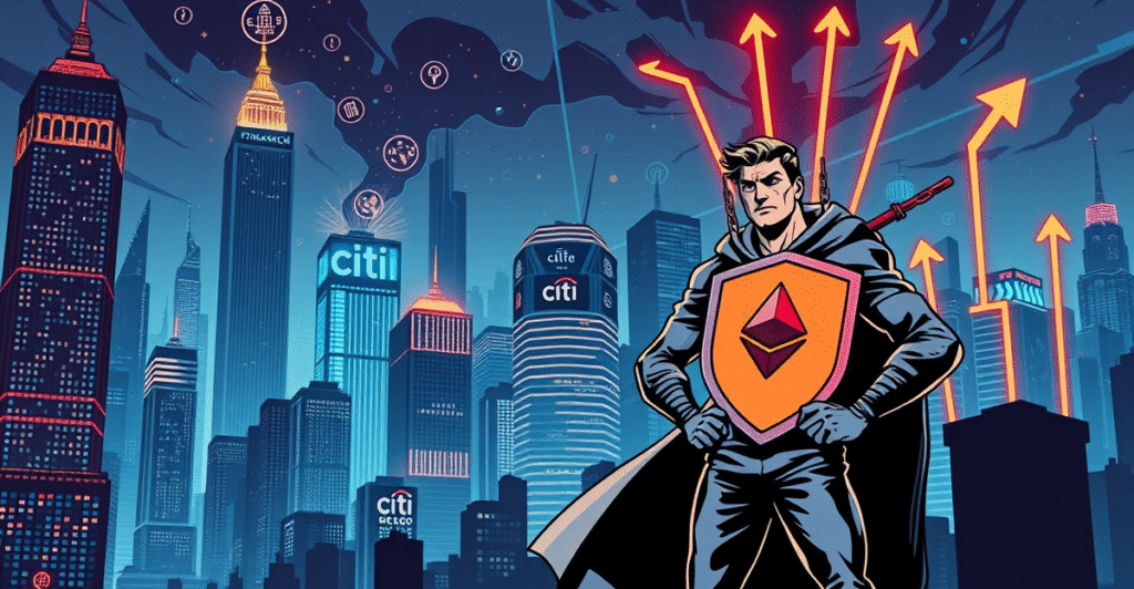 复古漫画风格插图展示未来城市景观，象征RWA代币化在金融领域的革命性影响