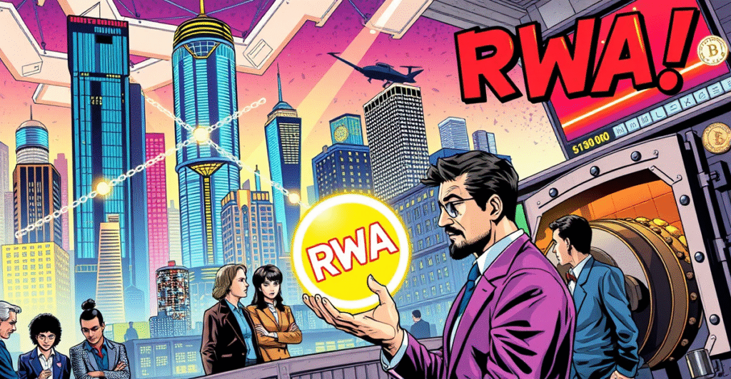 复古漫画风格插图展示RWA代币化概念，投资者和CEO在数字城市中审视发光代币